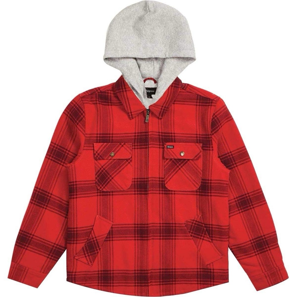 Brixton Plaid Flannel Jacket Small Red Black Hooded Quilted Lined Workwear